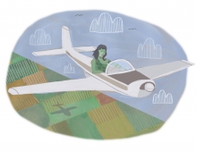 illustration of Susan Oliver ’53 flying a plane
